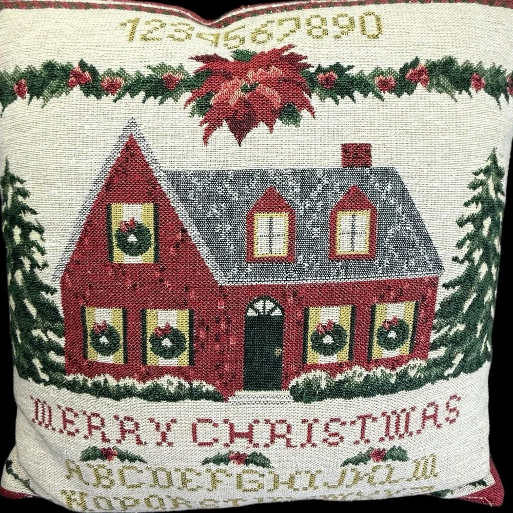 Merry Christmas Throw Pillow Tapastry Sampler Alphabet 15x15 Vintage Cottagecore